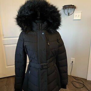 London Fog Women's Belted Puffer Jacket with Removable Faux Fur Hood Black Small